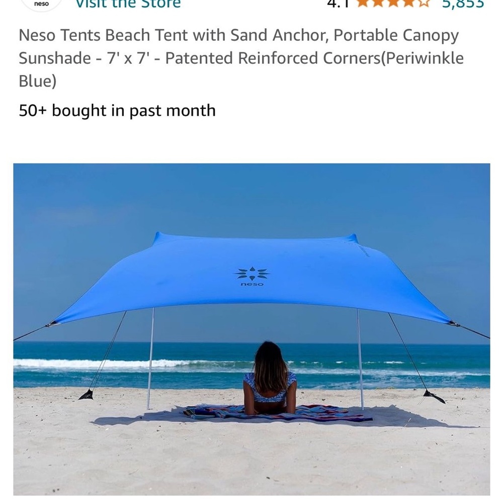 Neso Tents Beach Tent with Sand Anchor, Portable Canopy Sunshade - 7' x 7'